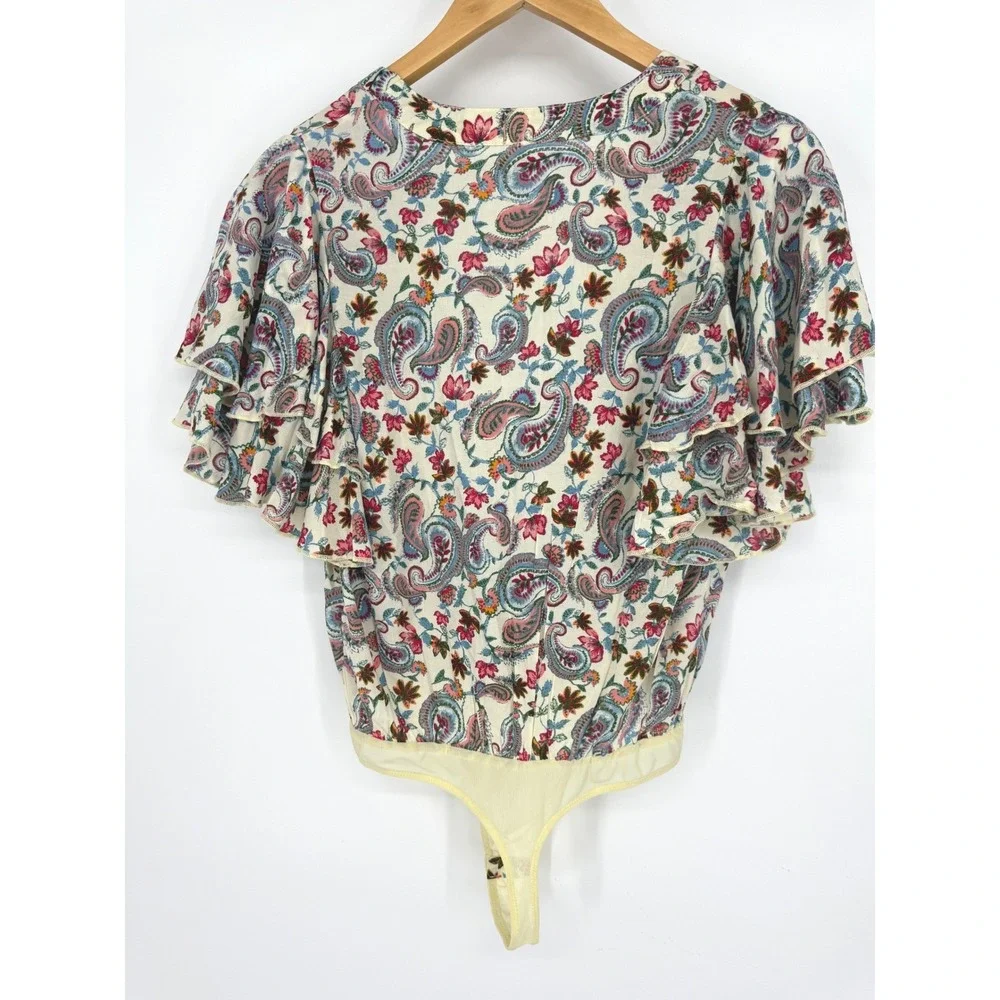 Free People Intimately Call Me Later Paisley Floral Ruffle Tie Front Bodysuit XS